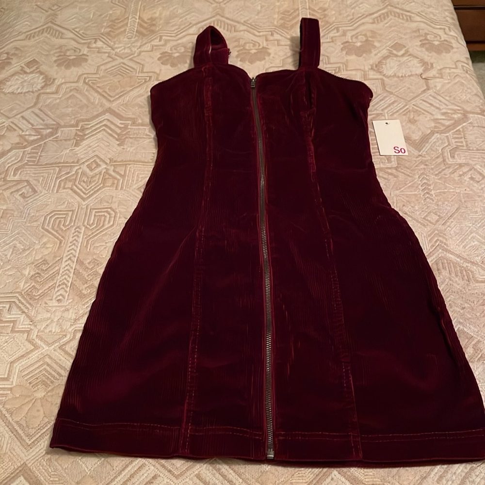 SO Womens/Junior Burgundy Corduroy Zipper Front Pinafore Dress / NWT/SMALL